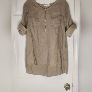 Company Ellen Tracy XXl Tan Roll Tab Oversize 100% LINEN Zipper Women Top Shirt